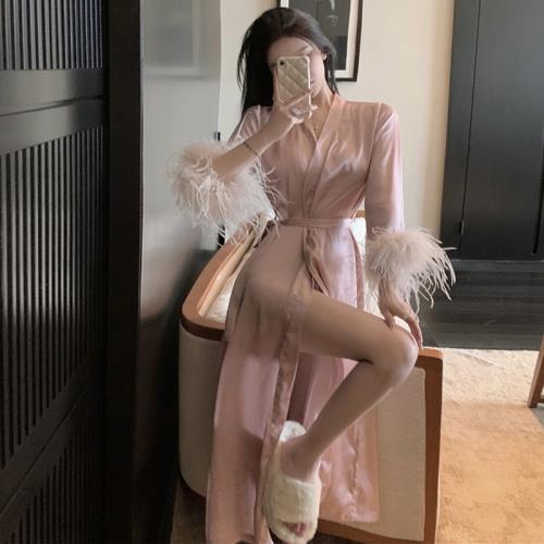 秋季新款法式復古小香風外套女中長款小眾設計高級感羽毛拼接晨袍