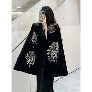 氣質女神範黑色煙花斗篷外套高階感千金中長款羊毛呢大衣女24秋冬
