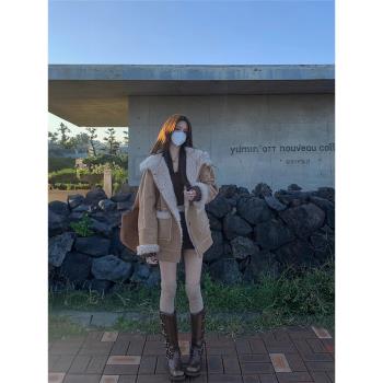 皮毛一體外套女短款羊羔毛2024冬季新款麂皮絨美拉德加厚保暖棉服