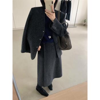 about moon冬季新款羊毛絨質感復古法式時尚外套半裙套裝女