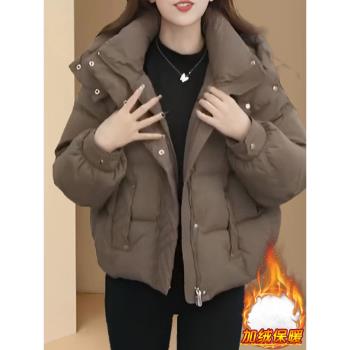 時髦復古羽絨棉服女短款2024冬季新款洋氣減齡連帽加厚保暖外套潮