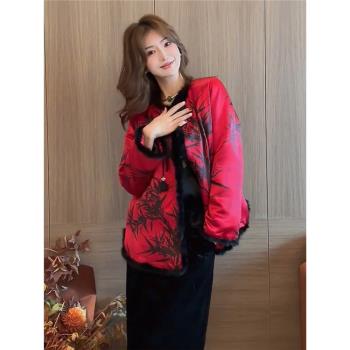今年流行漂亮的新中式女裝唐裝中國風高階感加絨紅色棉服外套秋冬