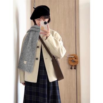 高階感簡約寬松米白色毛呢外套女冬季新款圓領短款呢子大衣小個子