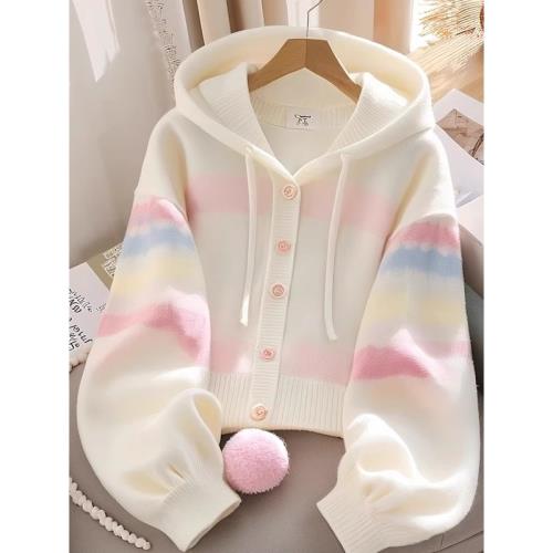 韓系白色連帽毛衣外套慵懶風高級感2025秋冬新款女裝針織開衫上衣