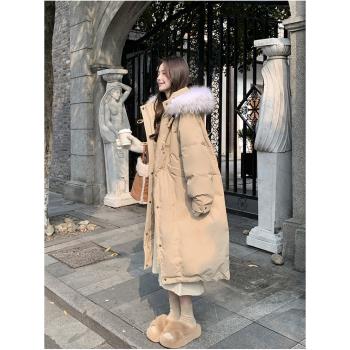 卡其色90白鴨絨羽絨服女中長款寬松過膝2024新款冬牛角扣加厚外套