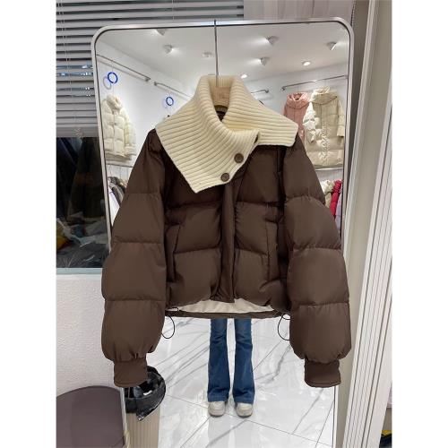 針織大翻領羽絨棉服女款冬季大碼設計感短款棉衣外套流行好看棉襖