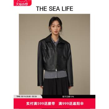 THESEALIFE歐海一生PU皮衣24秋光澤感氣質休閑黑色短外套170060