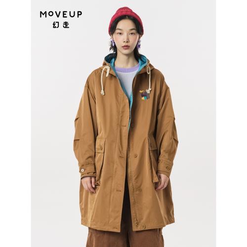 MOVEUP幻走2023秋季新款.FUN系列連帽繡花設計師撞色長款外套女