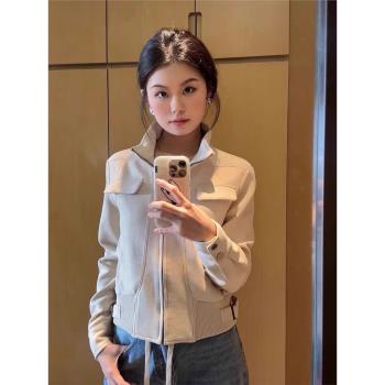 美式復古立領麂皮絨短外套女秋冬韓系小個子短款拉鏈機車夾克上衣