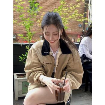 2024年秋季新款韓國東大門小眾設計感復古撞色翻領夾克風衣外套女