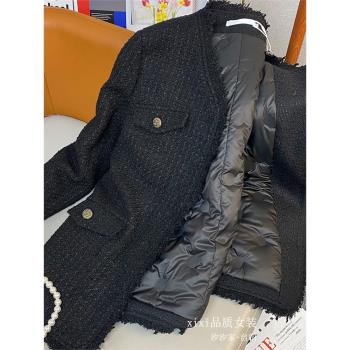 黑色小香風羽絨服女冬季2024新款高階法式中長加厚內膽羊毛呢外套