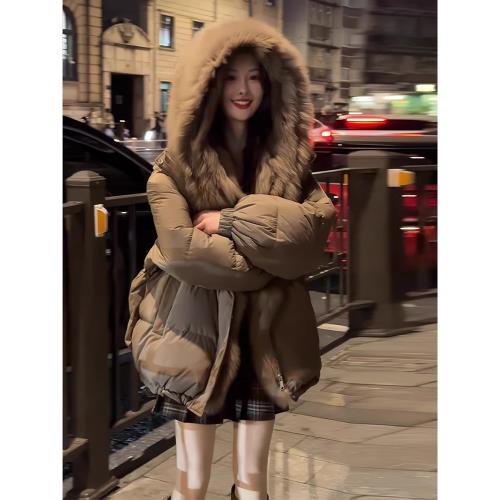 冬季新款清新設計簡約百搭毛領羽絨棉服女連帽仿狐貍毛加厚外套