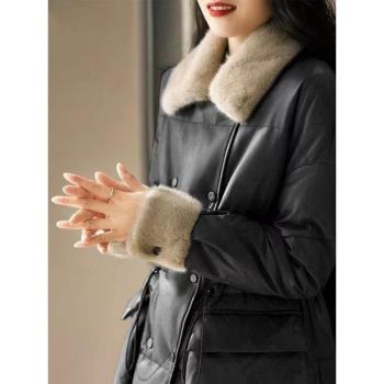 日系輕奢真皮保暖羽絨服女2024秋冬季爆款綿羊皮時尚水貂毛領外套