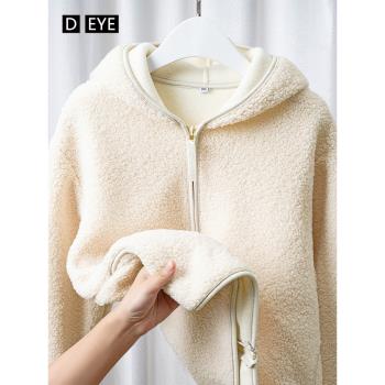 白色搖粒絨加厚連帽外套女秋冬季2024新款顆粒絨帶帽拉鏈開衫衛衣