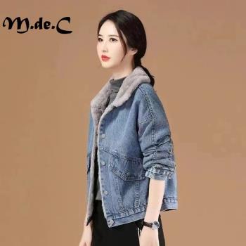 加厚加絨牛仔衣外套女冬季2024新款毛領復古刺繡休閑保暖短款棉衣