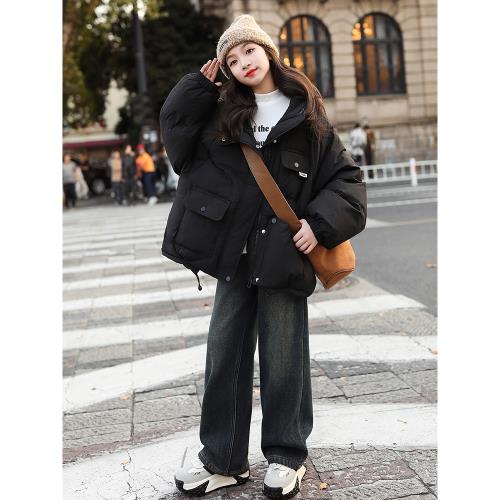 女孩中長款羽絨服冬季2025新款加厚連帽棉白鴨絨洋氣外套初中生13