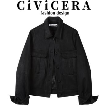 CIVICERA小個子短款麂皮羽絨服外套女秋冬復古百搭仿皮絨夾克上衣