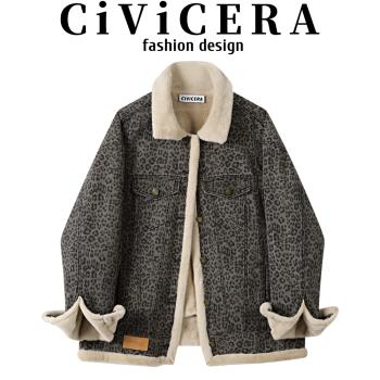 CIVICERA美式復古加絨加厚豹紋牛仔外套女秋冬高階感仿水貂絨夾克