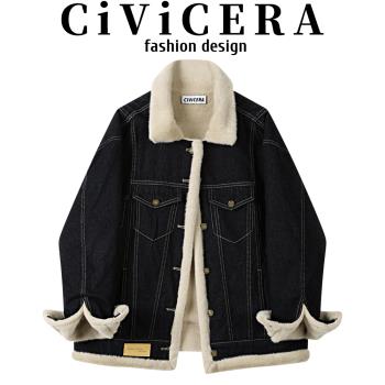 CIVICERA慵懶風加絨加厚牛仔短外套女秋冬款港式復古機車夾克棉服