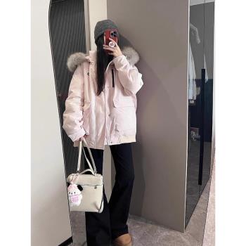 粉色大毛領工裝派克服女冬季寬松小個子白鴨絨加厚棉服棉衣外套潮