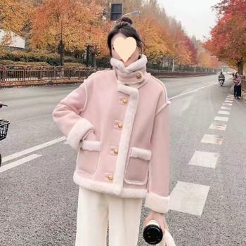 針織衫上衣女短款秋冬季新款韓系小香風加絨厚小個子羊羔毛絨外套