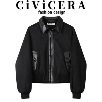 CIVICERA獨特設計感拼接仿皮絨羽絨短外套女秋冬短款麂皮夾克上衣