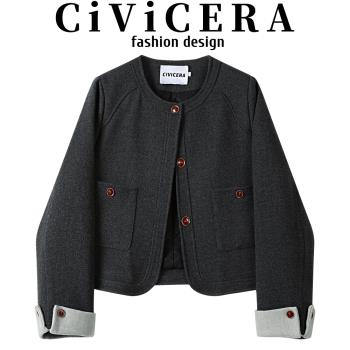 CIVICERA秋冬款羽絨夾棉加厚小香風上衣女小個子復古短款毛呢外套