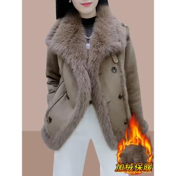 小個子皮毛一體羊羔毛加絨翻領外套女2024年冬季新款加厚保暖棉服