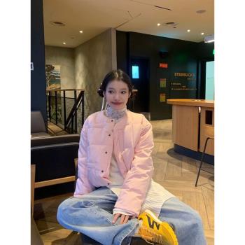粉色短款羽絨棉服女款冬季輕薄派克麵包服小個子棉衣棉襖2024新款