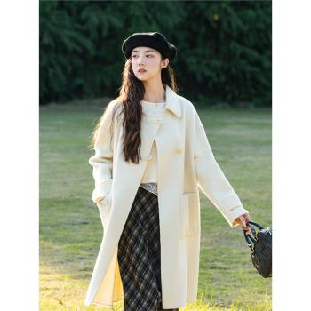 素色左岸加厚蝴蝶中長款雙面羊毛大衣女冬季新款小眾氣質毛呢外套