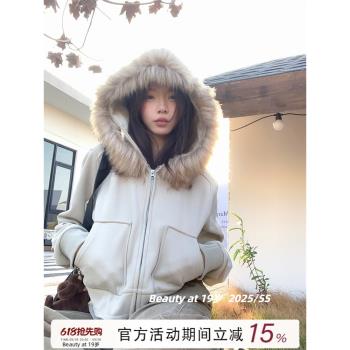 韓版休閑短款派克服毛領加絨外套女可拆卸設計感拉鏈開衫連帽衛衣