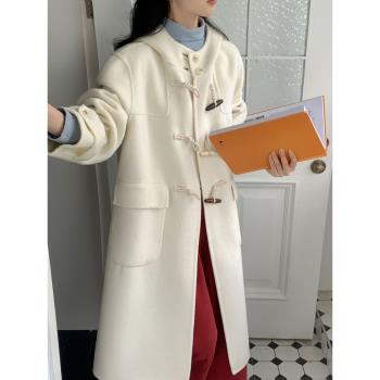 雙面羊絨大衣女長款2024秋冬新款牛角扣連帽寬松學院風羊毛呢外套