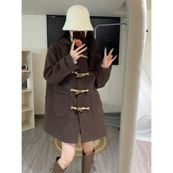 學院風毛呢外套女小個子2024新款復古寬松冬季夾棉羊毛牛角扣大衣