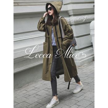 Lecea Alice連帽風衣外套2024秋季新款韓版法式復古收腰工裝大衣