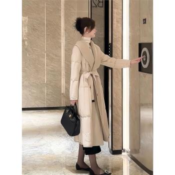 氣質系帶收腰羊絨雙面呢拼接白鵝絨羽絨服中長款外套女大衣2025冬