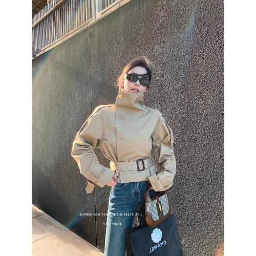 卡其色短款高領風衣女小個子今年流行春秋韓版休閑氣場雙排扣外套
