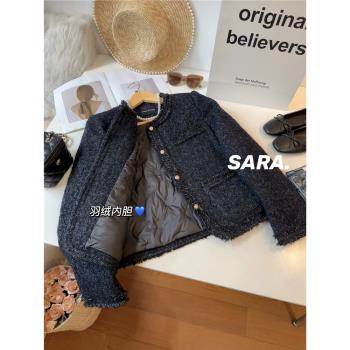 氣質藏青色羊毛小香風羽絨服女冬加厚保暖粗花呢編織短款毛呢外套