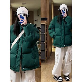 綠色冬季港風ins潮牌立領麵包服外套女寬松減齡情侶加厚保暖棉衣