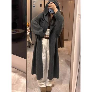 連帽長款毛衣開衫外套女慵懶風加厚韓版寬松深灰色羊毛針織大衣厚