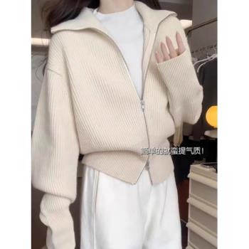 超火雙拉鏈翻領針織開衫秋冬高階感chic時尚軟糯毛衣外套短款女生