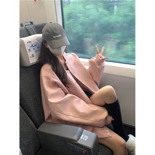 粉色棒球服外套女2025新款早秋返校穿搭大碼胖mm夾克oversize上衣