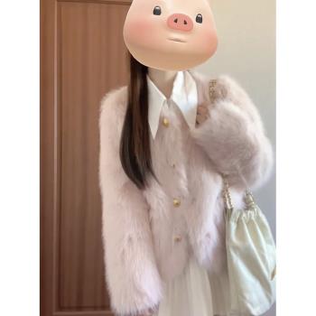 粉色毛茸茸外套可愛皮毛一體女冬季2024新款加厚高階感環保皮草潮