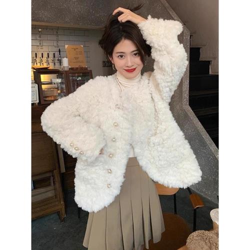 小香風羊羔毛外套女2025冬季新款小個子寬松軟糯風白色毛絨絨上衣