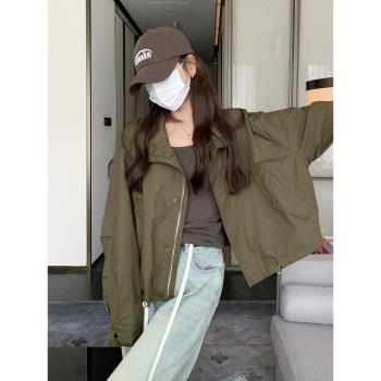 炸街軍綠色復古短款夾克上衣工裝