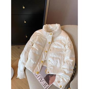 白色金屬扣立領短款羽絨服女冬季時尚洋氣小個子白鴨絨棉衣外套潮