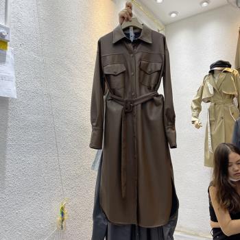中長款洋氣機車PU皮衣女2024春季新款復古時尚收腰過膝皮風衣外套