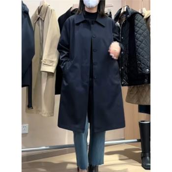 三桔三桔秋冬藍色長袖翻領風衣女士寬松休閑中長款外套大碼大衣dm
