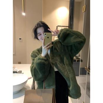 2024新款爆款皮毛一體加絨小香風千金綠色羊羔毛皮草外套女秋冬款