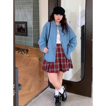 YUZI魚子牛仔襯衫大碼女裝微胖mm妹襯衣外套設計感刺繡內搭上衣