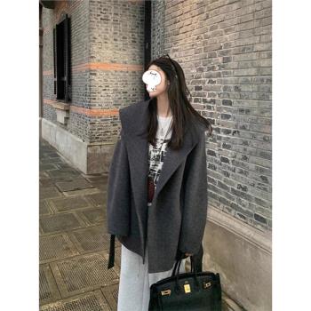 深灰色短款斗篷雙面羊絨大衣女2024冬季新款韓系小個子羊毛呢外套